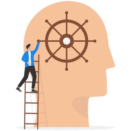 Or Leadership Thinking For Business Decisions Or Guidance To The Right Direction Motivation Mindset Or Consciousness Concept Businessman Leader Control Steering Wheel Helm On His Head Illustration