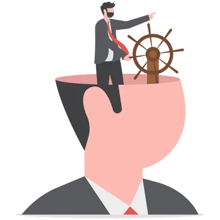 Self Control Or Leadership Thinking For Business Decision Or Guidance To The Right Direction Motivation Mindset Or Consciousness Concept Businessman Leader Control Steering Wheel Helm On His Head Illustration