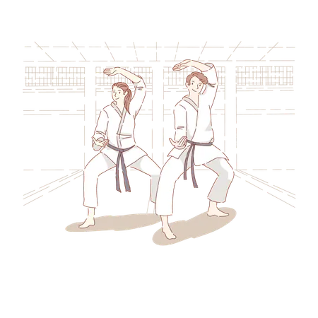 Young People In Kimono Training In Dojo Trainer And Student Man And Woman Practicing Karate Self Defence Classes Banner Judo Oriental Martial Arts Concept Cartoon Sketch Flat Vector Illustration Illustration