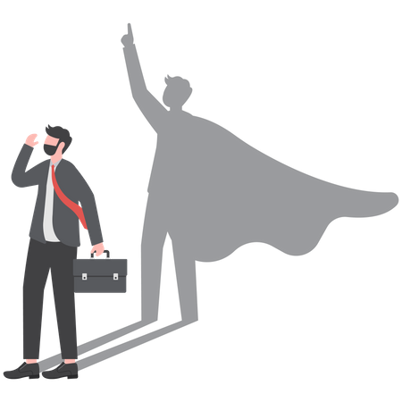 Self doubt businessman standing with his skillful power superhero shadow on wall  Illustration