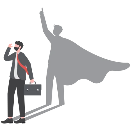 Self doubt businessman standing with his skillful power superhero shadow on wall  イラスト