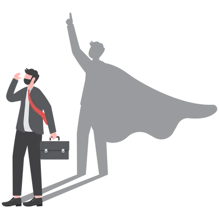 Self doubt businessman standing with his skillful power superhero shadow on wall  Illustration