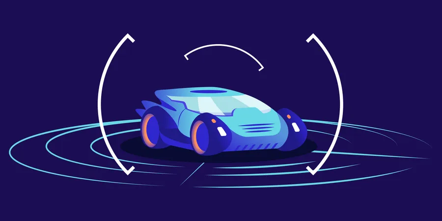 Driverless Car Flat Color Vector Illustration Futuristic Autonomous Transport Self Driving Automobile On Blue Background Smart Transport Detection System Interface Virtual Showroom Concept Illustration