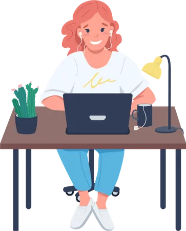 Self Employed Woman Semi Flat Color Vector Character Sitting Figure Full Body Person On White Successful Woman In Workplace Simple Cartoon Style Illustration For Web Graphic Design And Animation Illustration