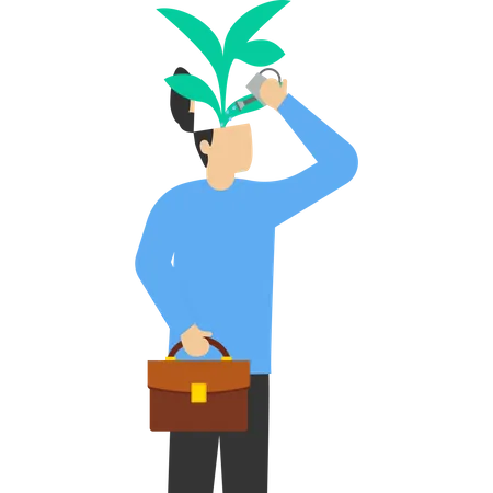 Positive Attitude To Learn New Knowledge To Improve Business Problem Concept Self Improvement Growth Mindset Student Smart Entrepreneur Using Watering Can To Water Seeds Growing In His Head Illustration