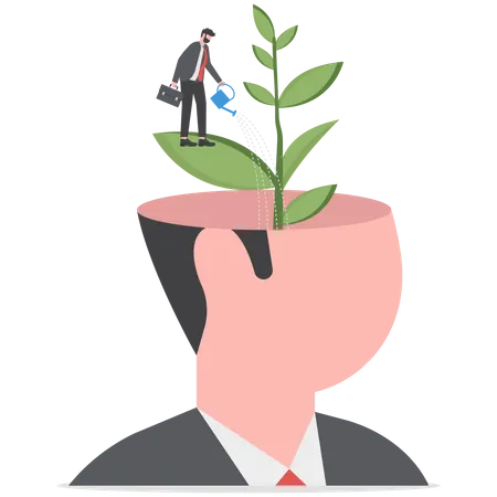 Self Improvement Personal Development Or Growth Mindset Motivation To Grow And Achieve Career Success Learning New Skill Or Knowledge Concept Businessman Watering Plant Growing From His Self Head Illustration