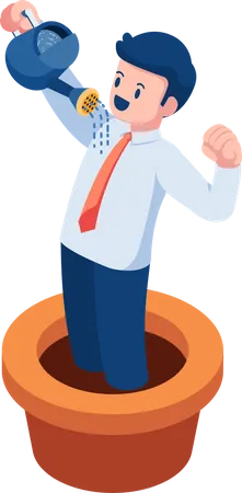 Flat 3 D Isometric Businessman In Flowerpot Watering Himself Self Improvement And Personal Development Concept Illustration