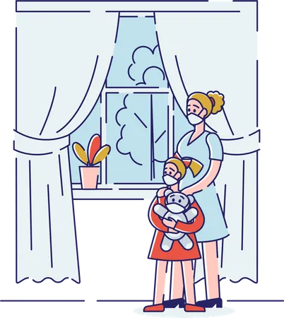 Concept Of Self Isolation During Quarantine Coronavirus Epidemic Mother And Daughter Stay At Home On Quarantine To Prevent Infection Spreading Cartoon Linear Outline Flat Style Vector Illustration Illustration