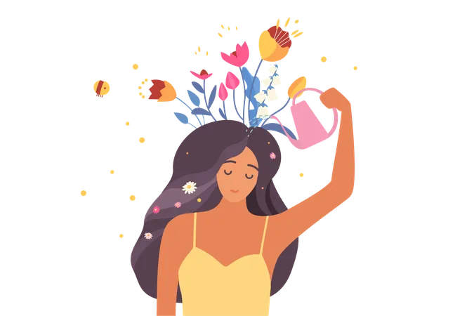 Self Love Mental Health Optimism Vector Illustration Cartoon Young Happy Woman Holding Watering Can To Water Flowers Growing From Head Optimistic Girl Cares About Wellbeing And Personal Growth Illustration