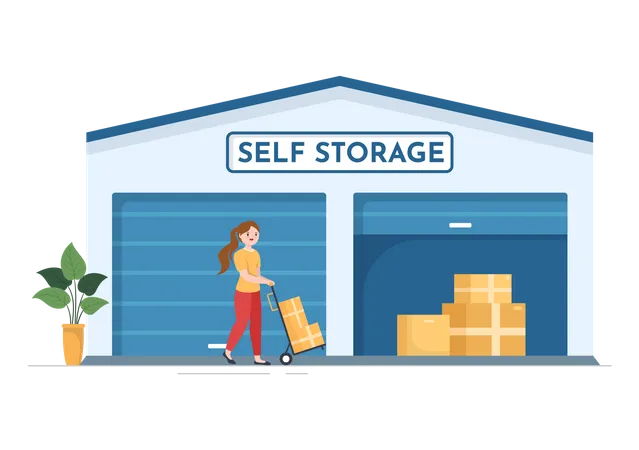 Self Storage Of Cardboard Boxes Filled With Unused Items In Mini Warehouse Or Rental Garage In Flat Cartoon Hand Drawn Templates Illustration Illustration