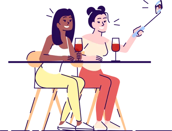 Selfie Flat Vector Illustration Two Young Women Taking Self Portrait With Selfie Stick Making Photo On Friendly Meeting Over Glass Of Wine Isolated Cartoon Character On White Background Illustration