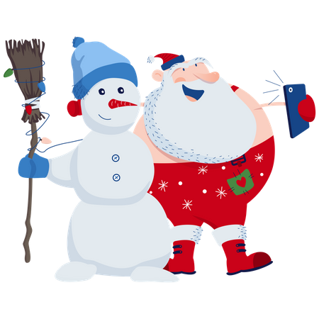 Selfie of Santa and snowman Illustration