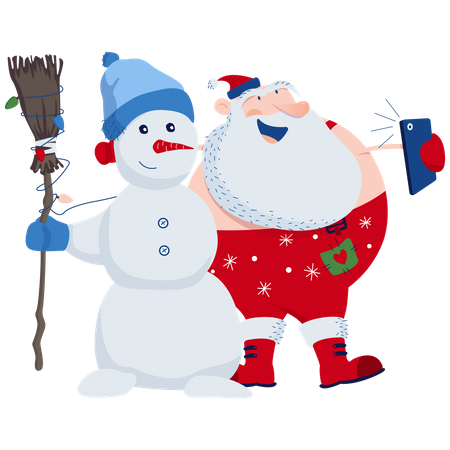 Selfie of Santa and snowman  Illustration