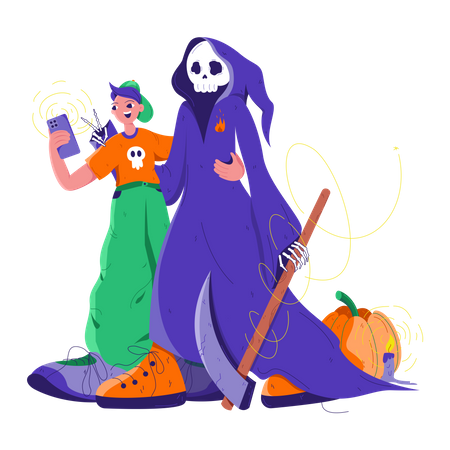 Selfie With Scary Demon  Illustration