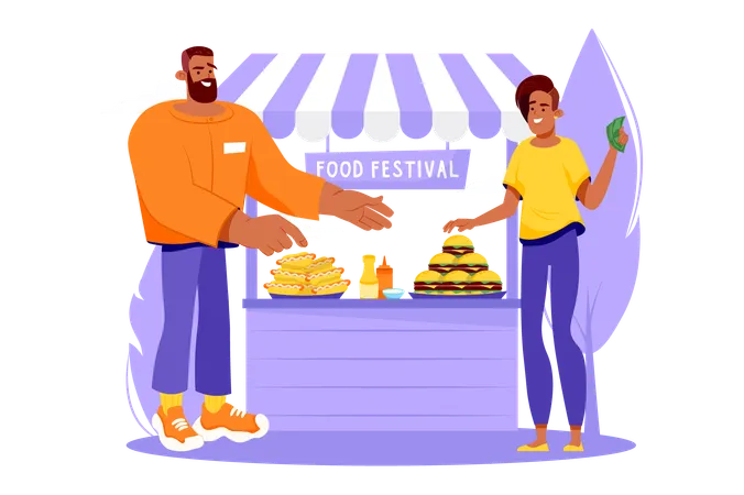 Food Festival Violet Concept With People Scene In The Flat Cartoon Design Two Businessmen Decided To Sell Fast Food At The Festival Vector Illustration Illustration