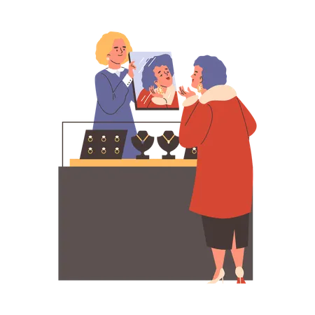 Seller and buyer in jewellery store  Illustration