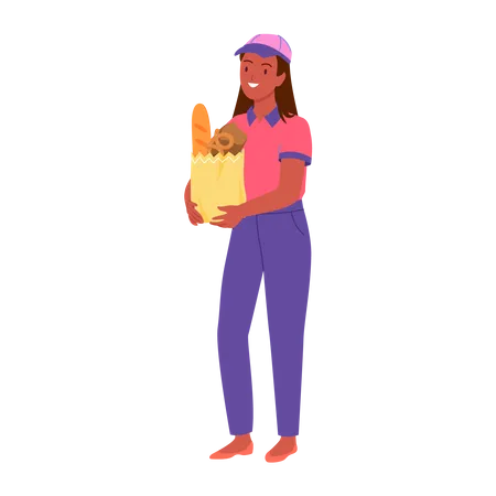 Seller girl holding grocery bag  イラスト