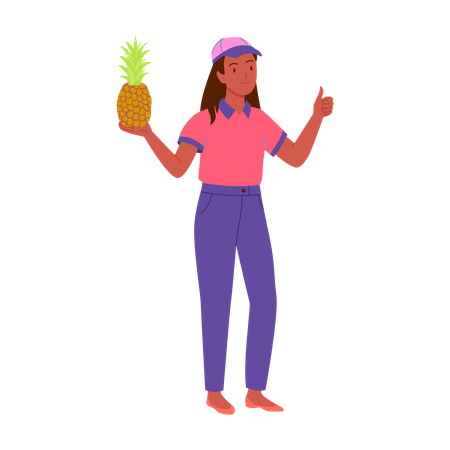 Seller girl holding pineapple and showing thumbs up  Illustration