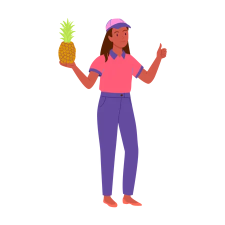 Seller girl holding pineapple and showing thumbs up  Illustration