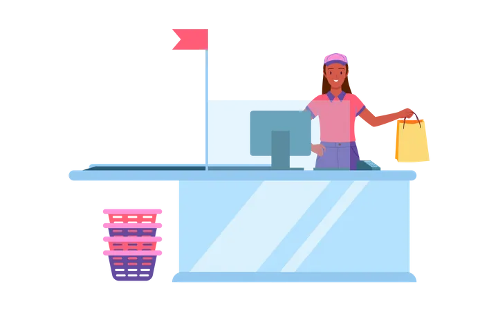 Seller girl standing at cash counter  Illustration