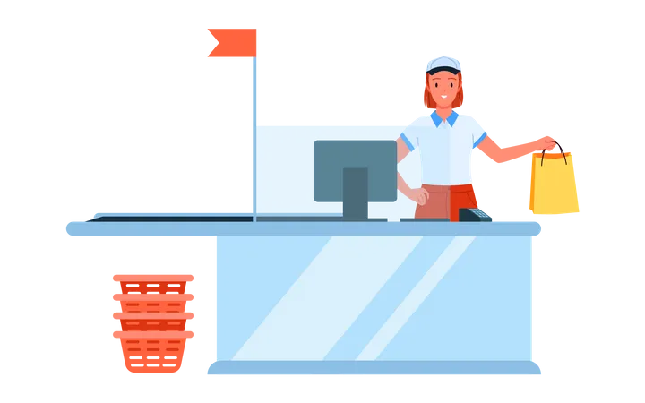 Seller girl standing at cash counter  Illustration