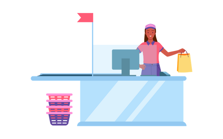 Seller girl standing at cash counter  Illustration