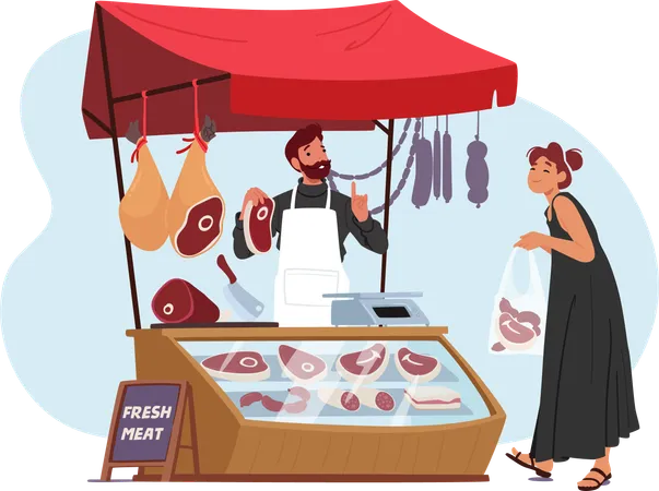Farmer Character At Butchery Stall Proudly Holds Up A Piece Of Fresh Succulent Meat Its Rich Color Testament To The Quality And Freshness A Symbol Of Farm To Table Purity Vector Illustration Illustration