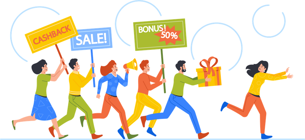 Sellers Characters Announce Promotions Chase Escaping Buyer  Illustration