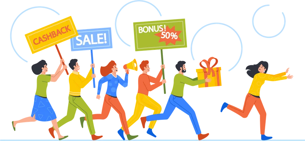 Sellers Characters Announce Promotions Chase Escaping Buyer  Illustration