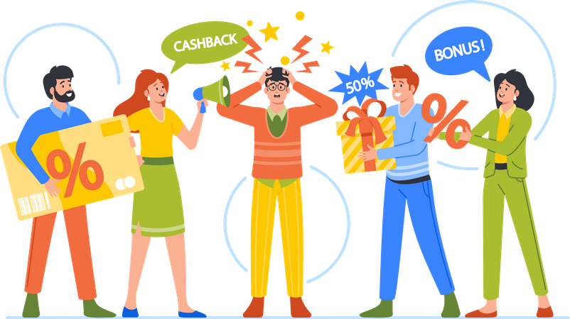 Sellers Characters Announce Promotions to Confused Buyer  Illustration