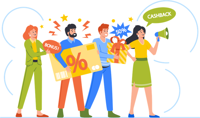 Sellers People Make Announcements about Discounts on Goods and Services  Illustration