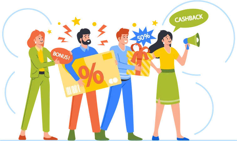 Sellers People Make Announcements about Discounts on Goods and Services  Illustration