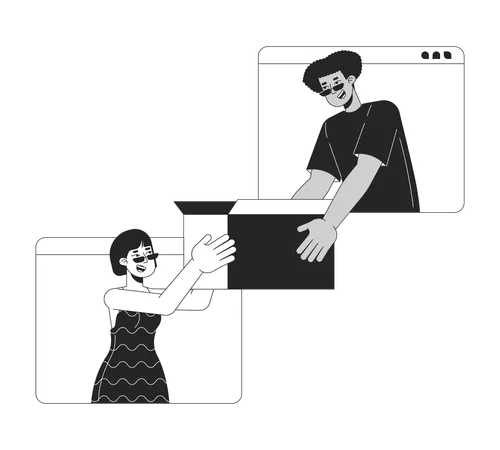 Selling Used Stuff Online Black And White 2 D Illustration Concept Latin American Man Giving Box To Asian Woman Isolated Vector Outline Person E Commerce Metaphor Monochrome Vector Art イラスト