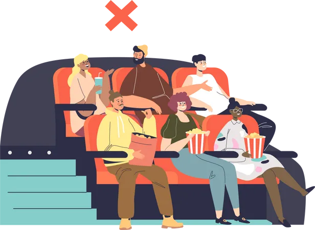 Sem distância social no cinema com pessoas sentadas próximas e sem máscaras médicas  Ilustração