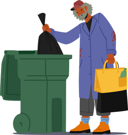Sem-teto, desempregado, pobre homem com roupas velhas se atrapalha no lixo  Ilustração