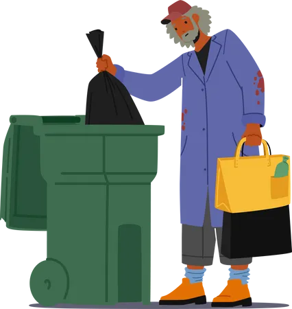 Sem-teto, desempregado, pobre homem com roupas velhas se atrapalha no lixo  Ilustração