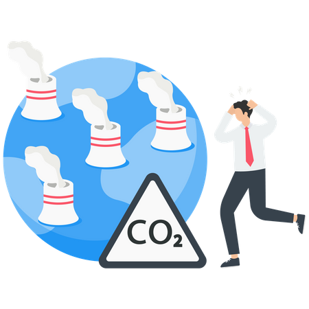 Señal de advertencia de CO2 cerca del planeta Tierra con poder humeante  Ilustración