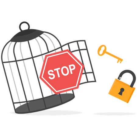 Señal de stop con llave para liberarse de la jaula.  Ilustración