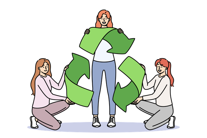 Signo de reciclaje en manos de mujeres ecoactivistas que llaman a cuidar el desarrollo sostenible  Ilustración