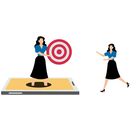 Send target to businesswoman from mobile phone  Illustration