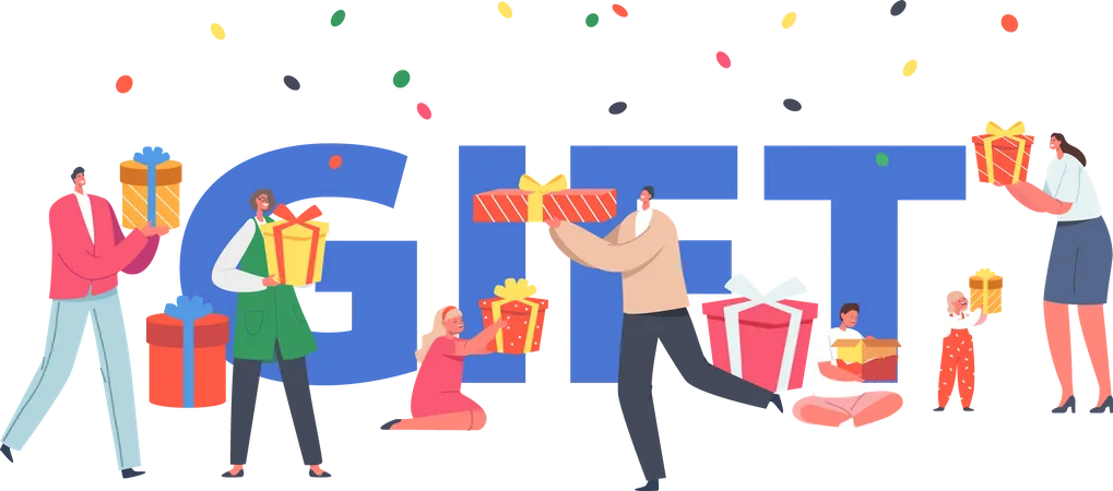 Happy People With Gift Boxes Concept Characters Hurry For Great Christmas Sale Men Women Buying Presents For Family And Friends On Holidays Poster Banner Or Flyer Cartoon Vector Illustration Illustration