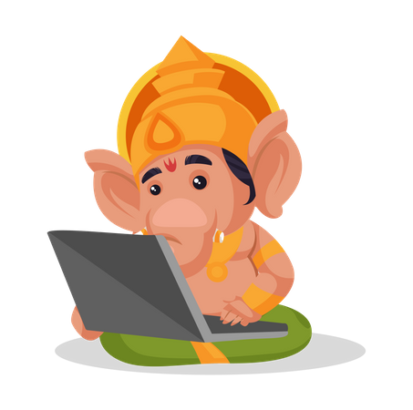 Lord Ganesha trabalhando no laptop  Ilustração