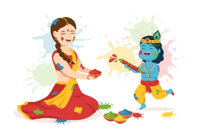 Ilustracao Feliz Do Festival Holi Com Pote Colorido E Po Em Hindi Para Banner Da Web Ou Pagina De Destino Em Modelos Desenhados A Mao De Desenhos Animados Planos Ilustração