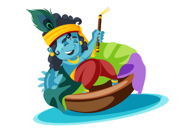 Senhor Krishna no barco fluvial com flauta  Ilustração