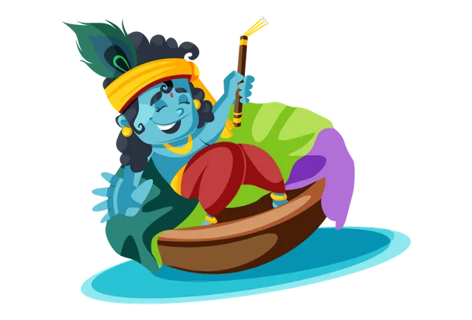 Senhor Krishna no barco fluvial com flauta  Ilustração