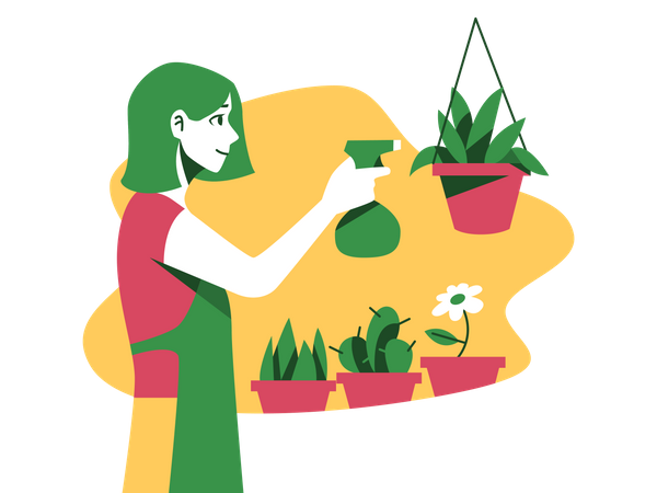 Senhora pulverizando água nas plantas  Ilustração