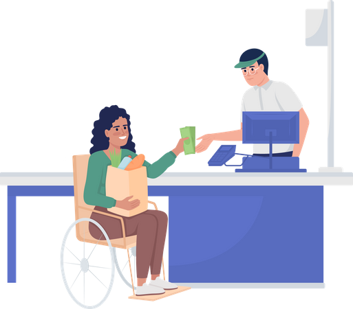 Senhora com deficiência no supermercado  Ilustração