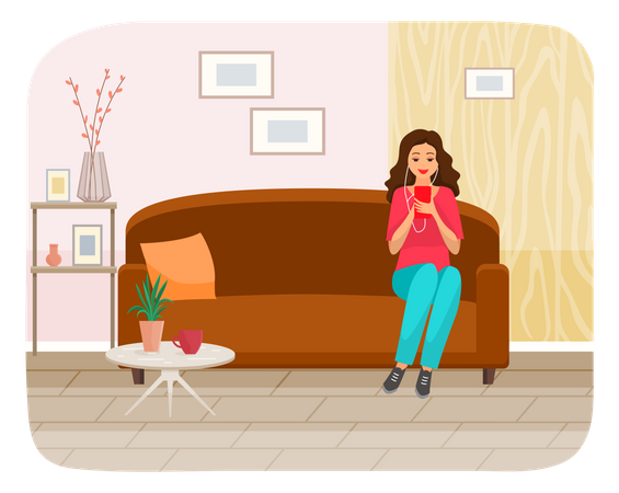 Senhora de headpons sentada no sofá, ouvindo música e navegando nas redes sociais no smartphone  Ilustração