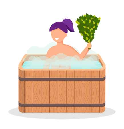 Senhora de pé na banheira de madeira com água quente  Ilustração
