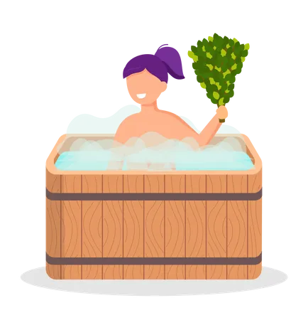 Senhora de pé na banheira de madeira com água quente  Ilustração
